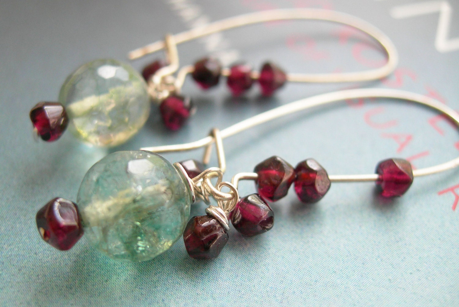 Green Quartz and Ruby Garnet Dangle Earrings