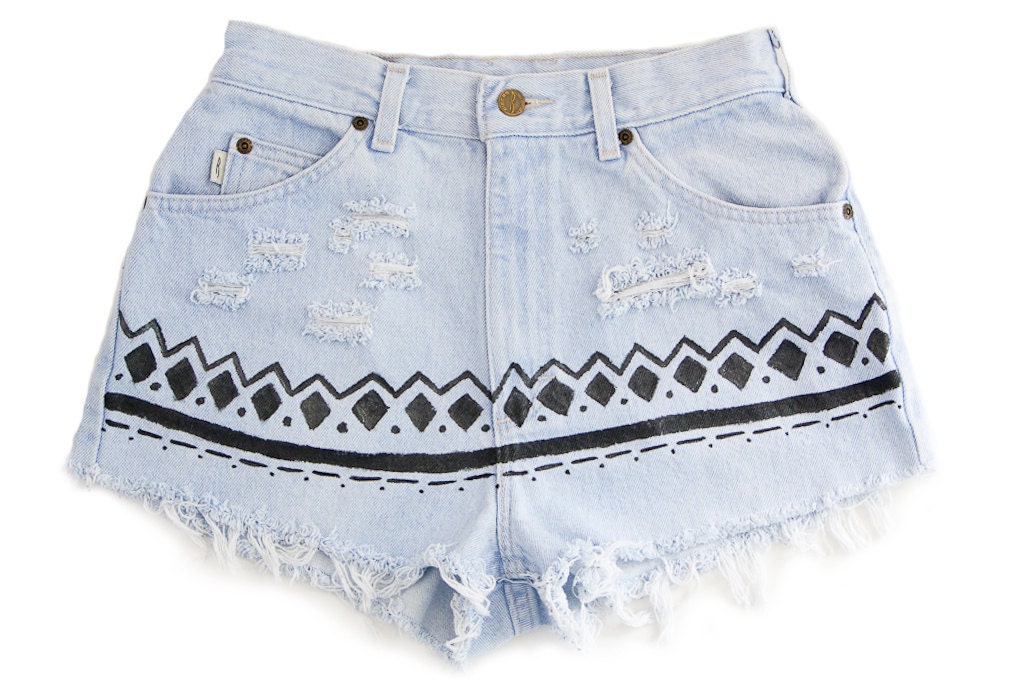 Tribal/Aztec Shorts, Hand Painted, Vintage Distressed High Waisted Denim, Upcycled W27