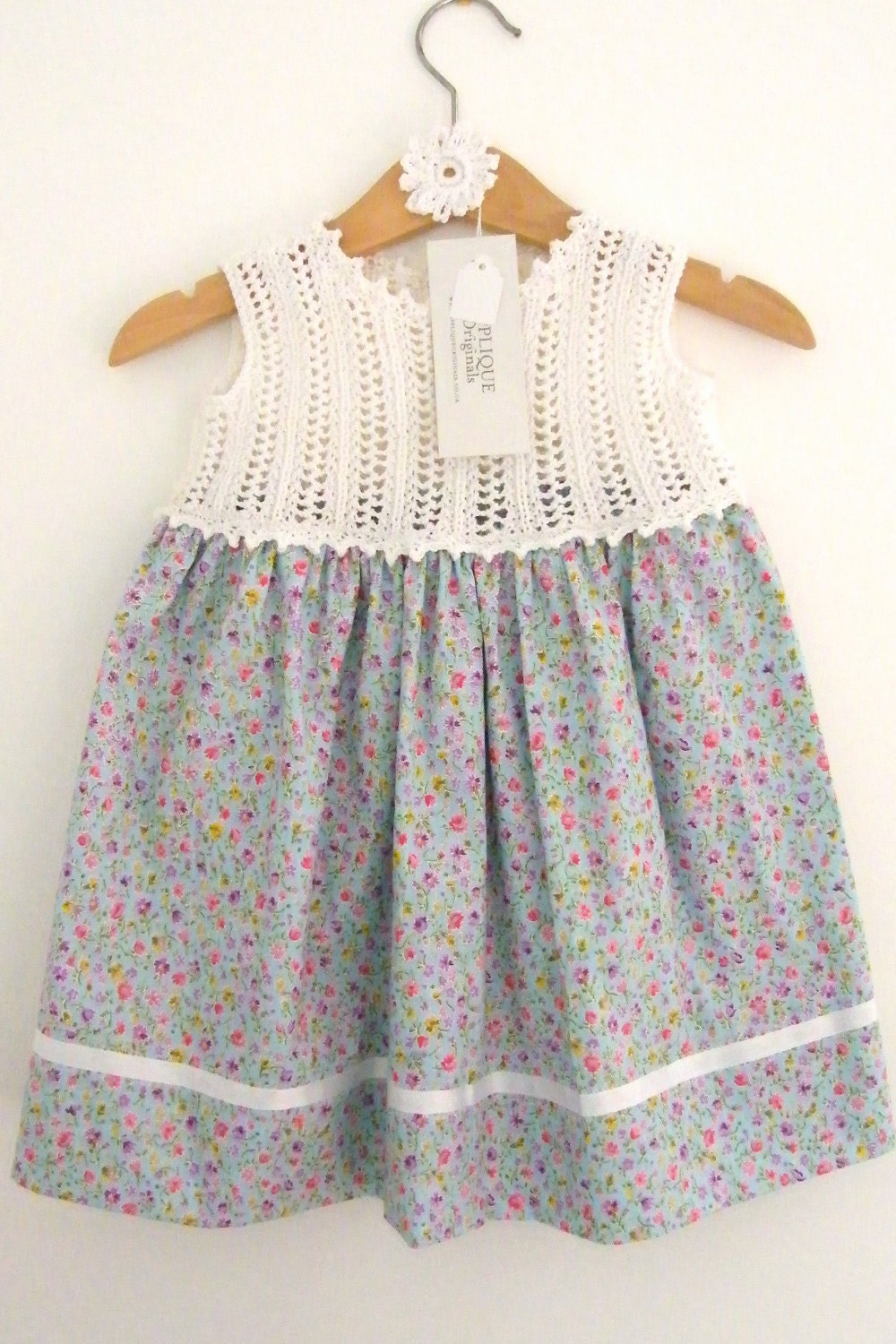 Unique vintage style girls dress (6-12 months) - hand knitted and cotton fabric with co-ordinating ribbon