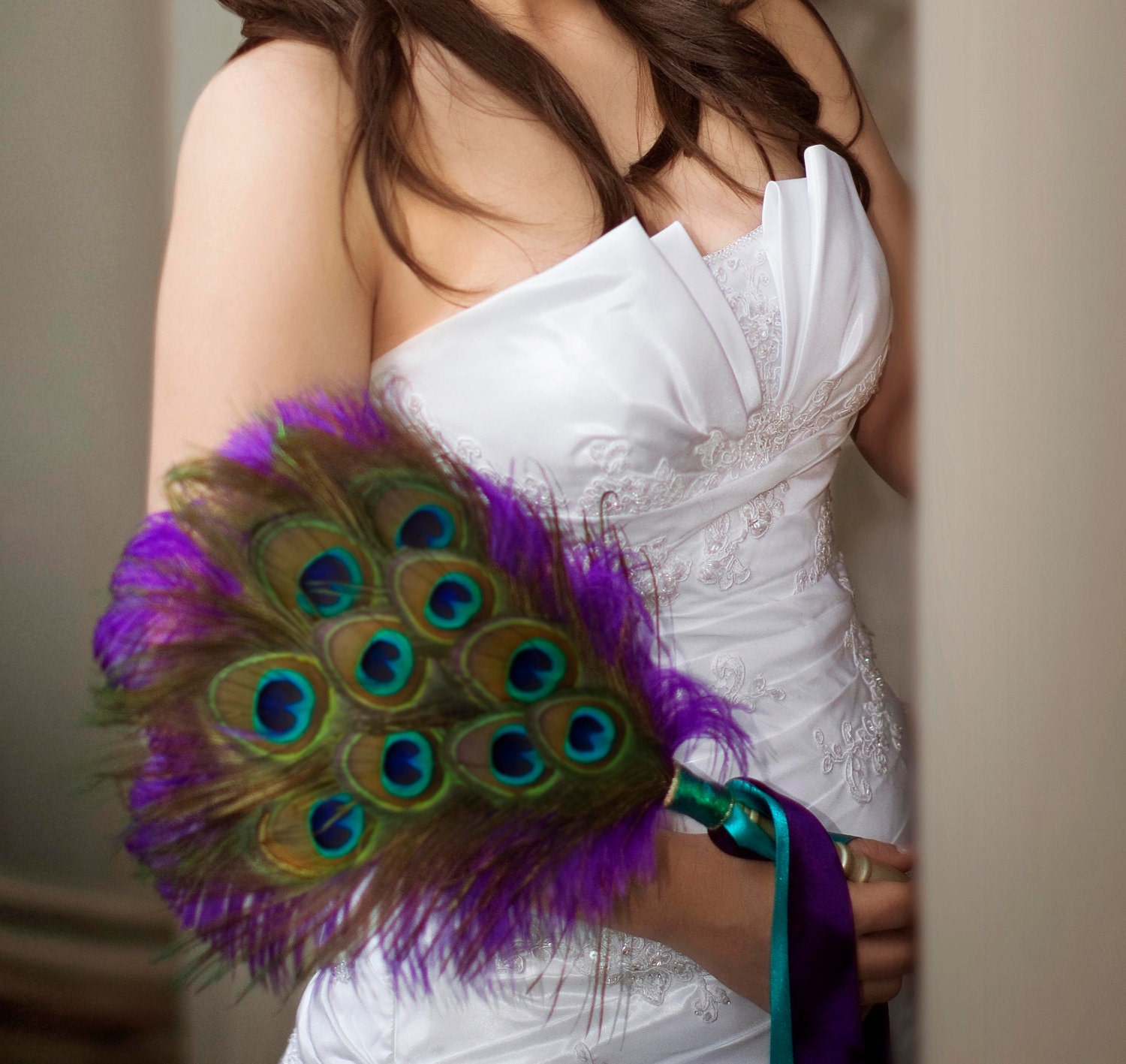 SAMPLE SALE - Christine - Peacock and Purple Ostrich Feather Bridal Wedding Fan Bouquet