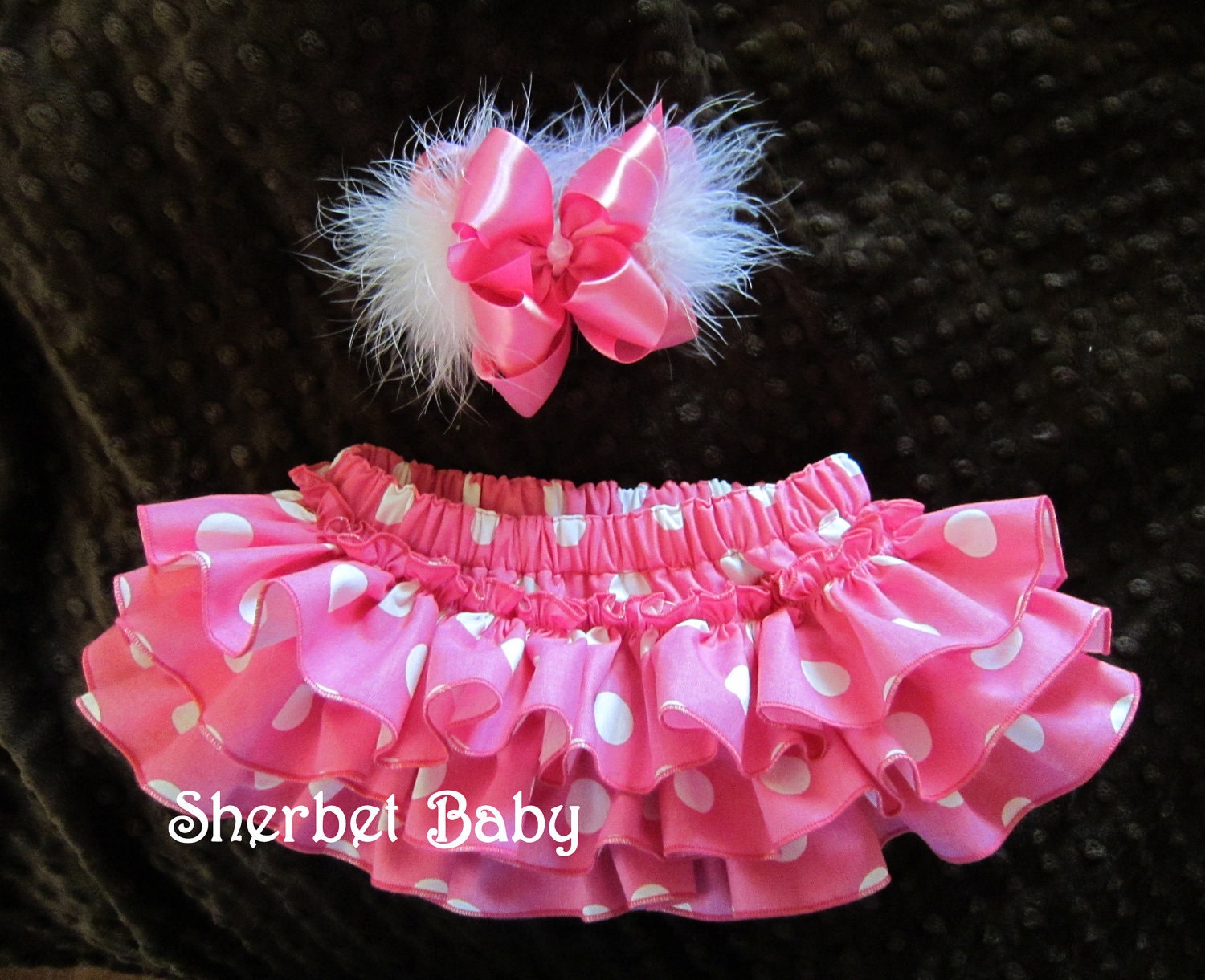 Sassy Pants Ruffled Diaper Cover Satin Hairbow with Marabou Hot Pink White Polka Dots