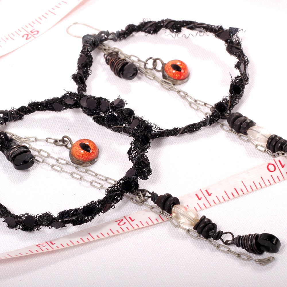 Gypsy Earrings - Large Tribal Hoops Carnival Snake Charmer orange reptile snake Eye amulets Tattered dangle chain Belly Dance Oxidized wire