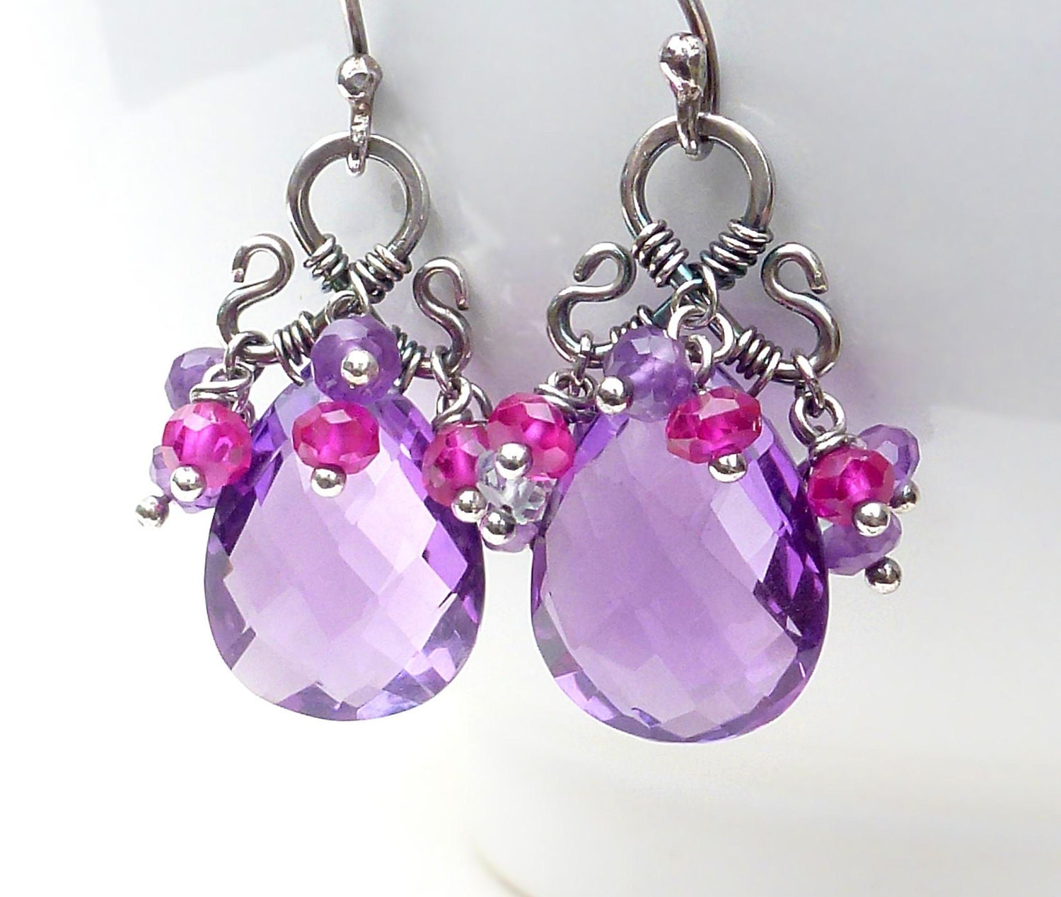 Purple amethyst earrings, amethyst cluster earrings, sterling silver wire wrap jewelry