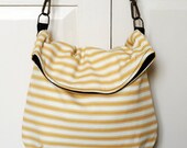 Recycled messenger bag, yellow striped curtain, two pockets, adjustable strap, sailor nautical style