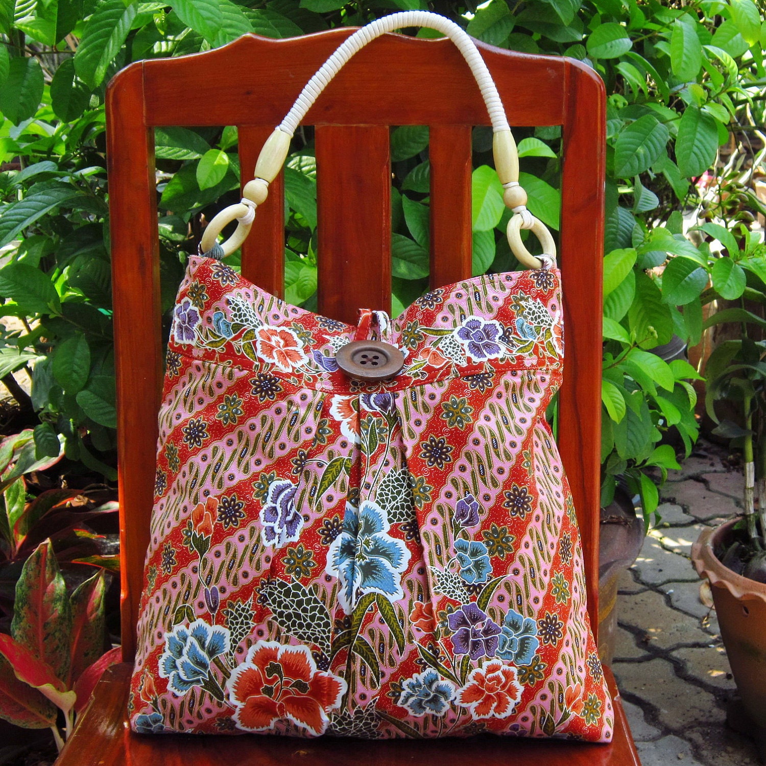 Red brick pink Floral Batik Tote Handbag Diaper bag Shopping/Beach bag