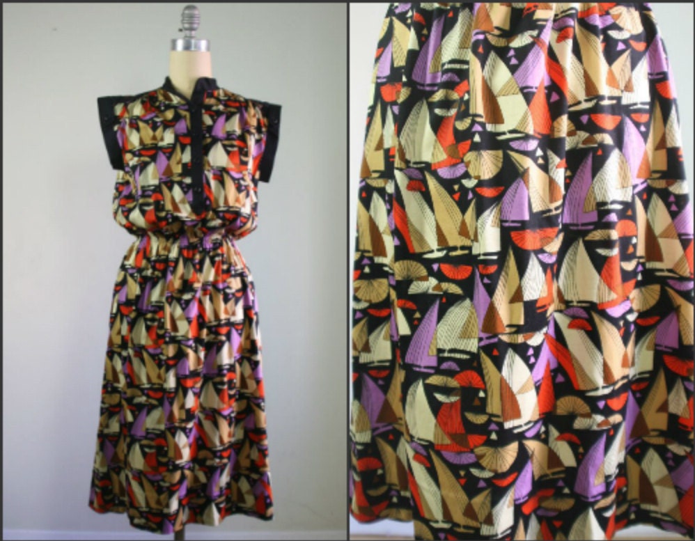 1970s sailboat print dress / 70s nautical sailing sundress