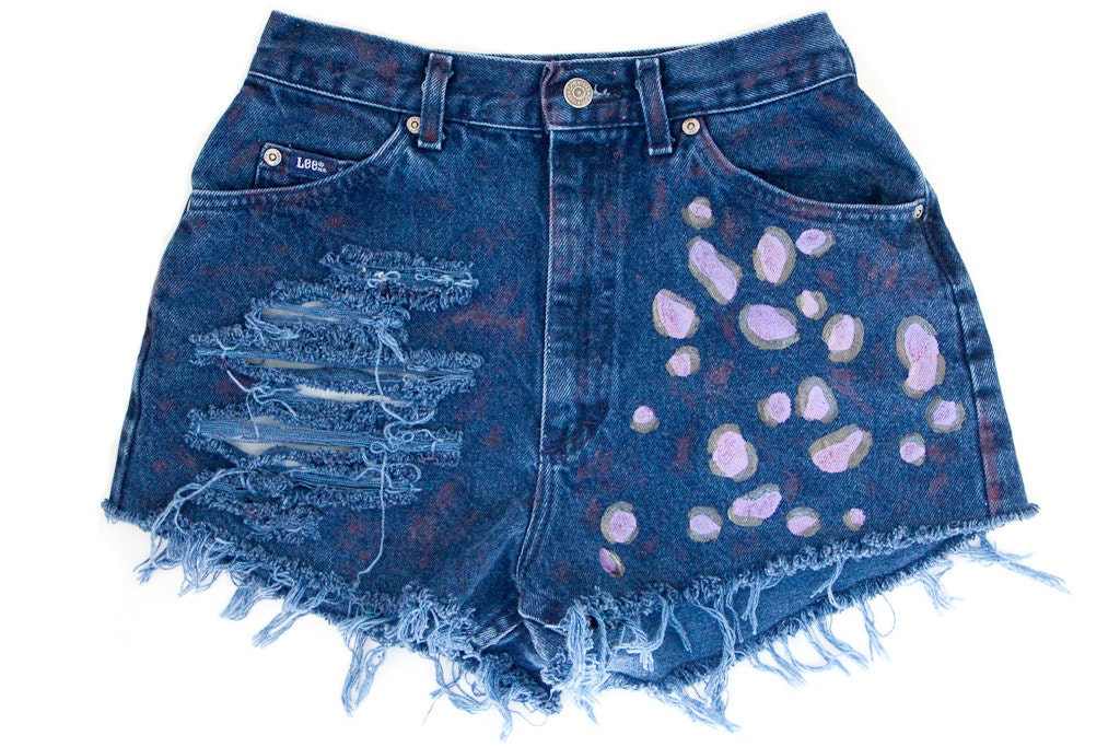 Cheetah/Leopard Print Shorts, Purple, Hand Painted, Vintage Distressed High Waisted Denim, Upcycled W27