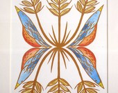 Birds & Barley, Original linocut double print with watercolor detailing, 7 x 10