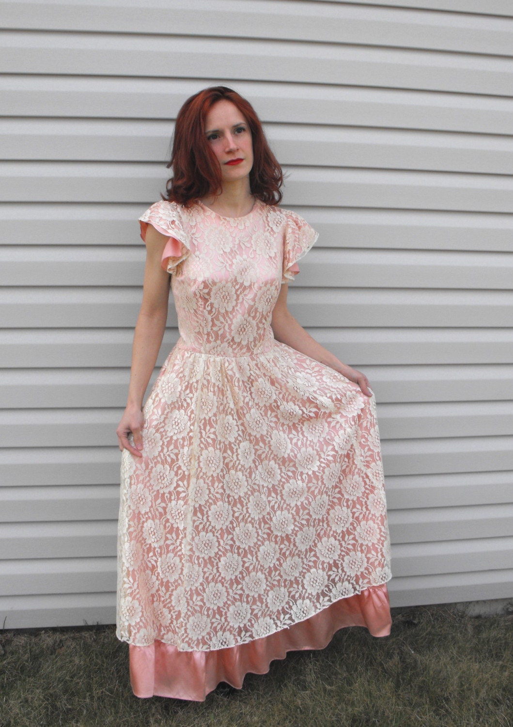 Vintage Dress 50s 60s Pink Ivory Lace Party S M Open Back Satin