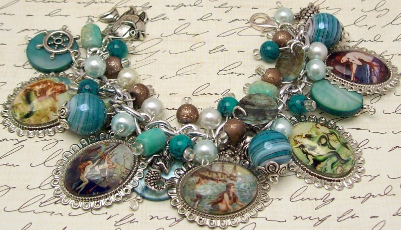 Vintage Mermaids Charm Bracelet Beaded Chunky Altered Art Picture Charms Beads Ocean Beach Sea - baublesbeadsncharms