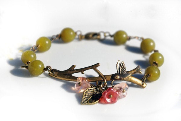 Hummingbird Bracelet With Wire Wrapped Olive Jade Gemstones Free Gift Wrap