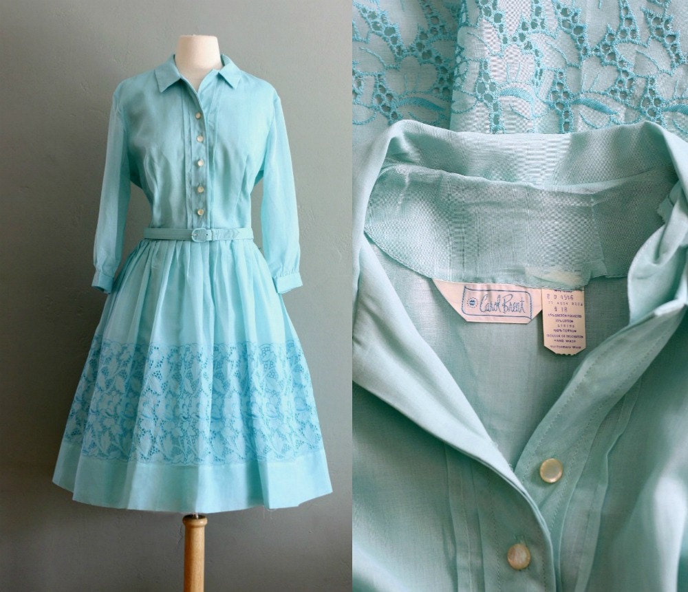 50's L Seafoam Pleated Eyelet DRESS