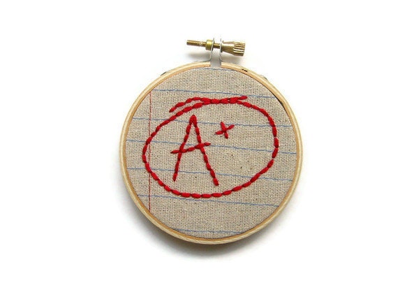 A Plus- Three Inch Embroidery Hoop Wall Art- Success- Machine Stitched and Hand Embroidered