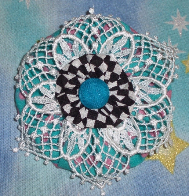Blue and white lace yo yo flower brooch for spring, summer