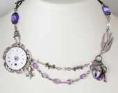Steampunk necklace vintage watch parts dial gears Amethyst pearl purple crystal silver key heart lock flower leaf bird Steampunk Nation 1541