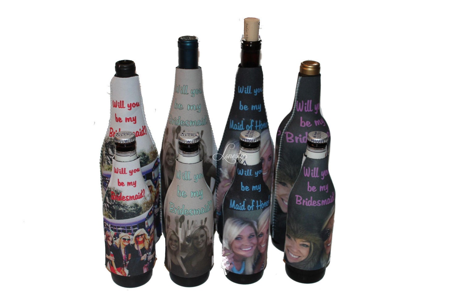 PERSONALIZED WEDDING FAVORS-Bridesmaids Gifts-Groomsmen Gifts-Wedding Gifts- 6 Wine Insulators/ 6 Beer Insulators