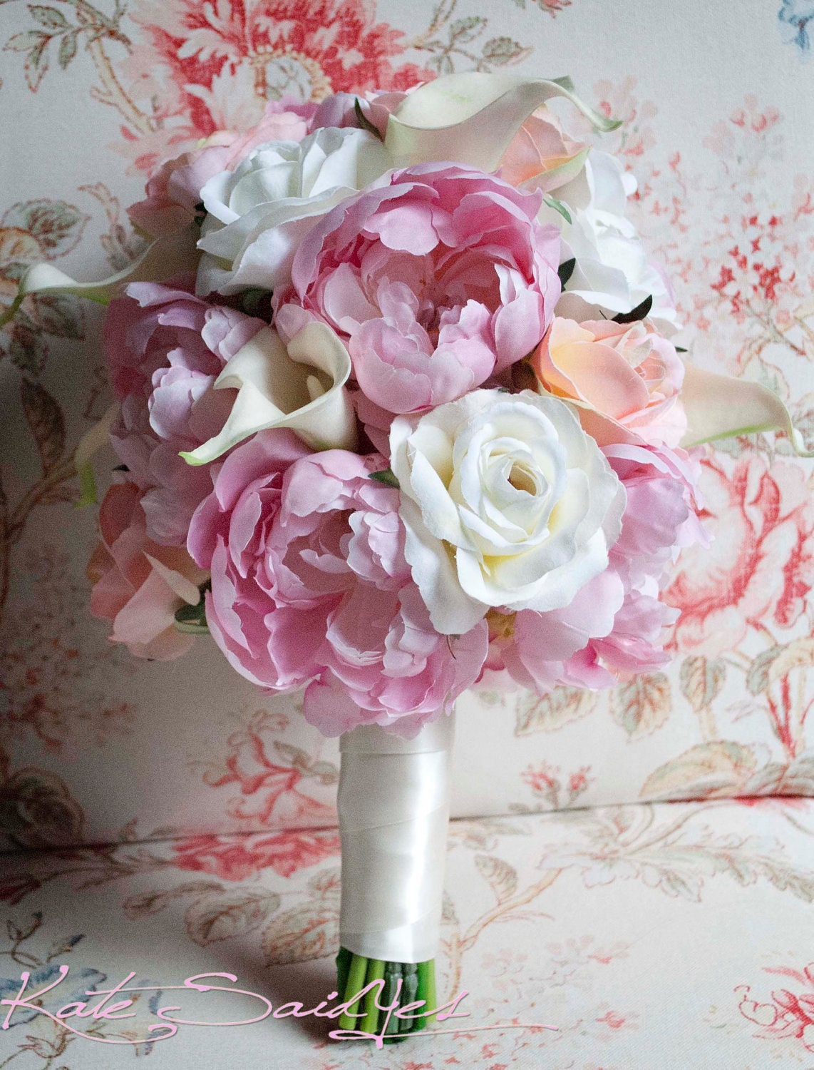 Peony Bouquet - Pink Peony, Pink and Ivory Rose, and Ivory Calla Lily Bridal Bouquet