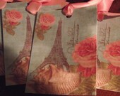 Eiffel Tower Gift Tag  Blue  Background  Rose  Flower  French Postage Writing  Pink Ribbon