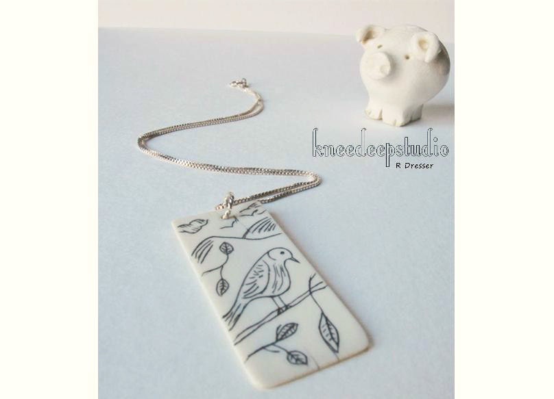 Bird on a Branch one of a kind etched scrimshaw necklace, original design on upcycled ivory piano key