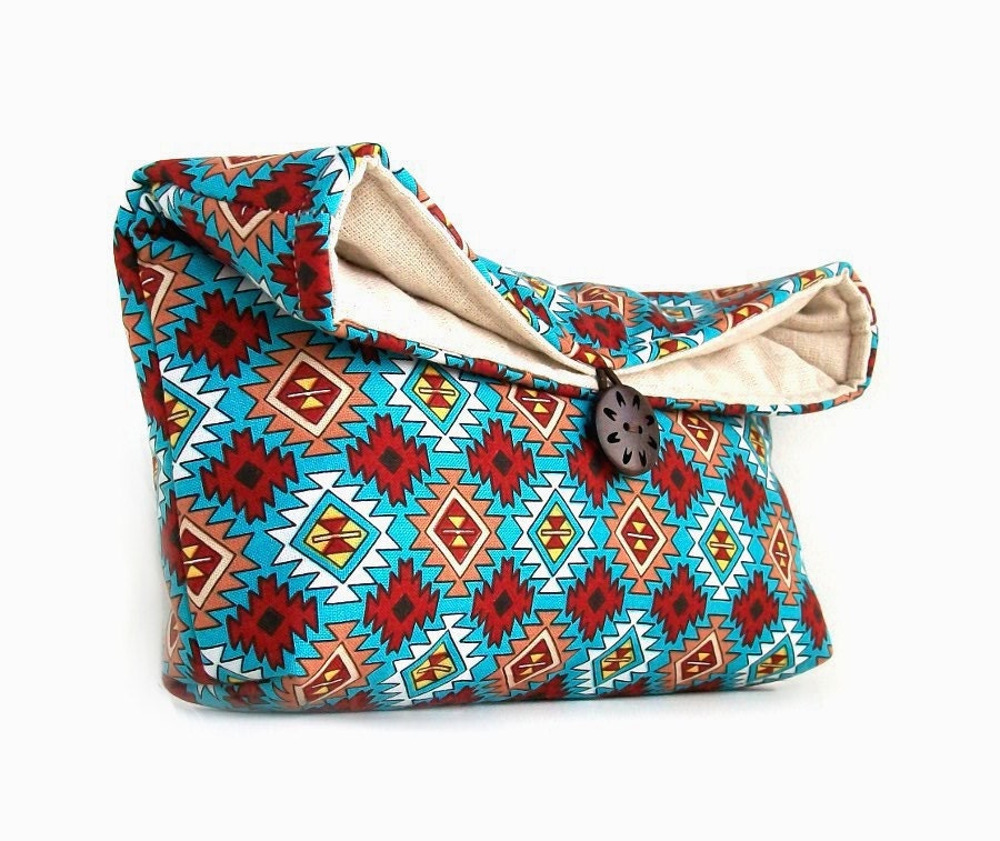 Southwestern Fashion, Makeup Bag, Geometric Pattern, Tribal, Turquoise Red Orange and White Clutch Purse, Cosmetic Travel Bag, Gift Under 25
