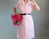 Sale- 1960s Dress. Pink. Lace Fashion. Shirtdress. Day Dress. Mad Men. Pastel Fashion. Spring Fashion. Summer Fashion. Size Large
