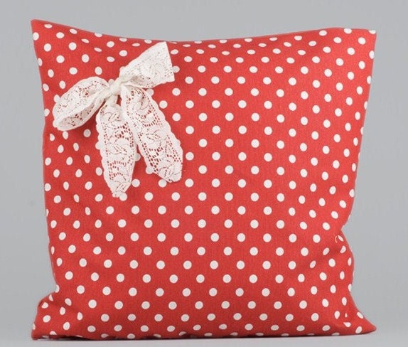 RED dotted cotton pillow case. With lace. White dotted. FUNNY pillow case. Holiday. - laceonpillow