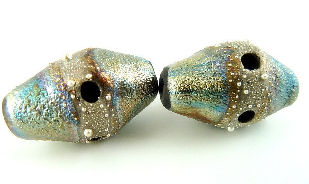 Galaxy  Fine Silver Raku Ceramic Beads        Set of 2 Jewelry Supply Handmade by MAKUstudio