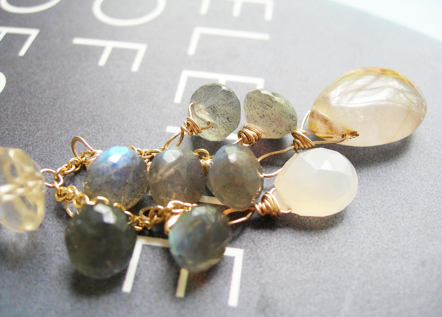 Stylish Necklace in Rutilated Quarts and Labradorite Wire Wrapped Necklace