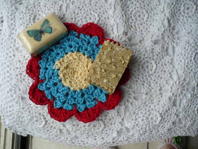 Crochet  Wash Cloth - Cotton Yarn - Yellow, Blue and Red