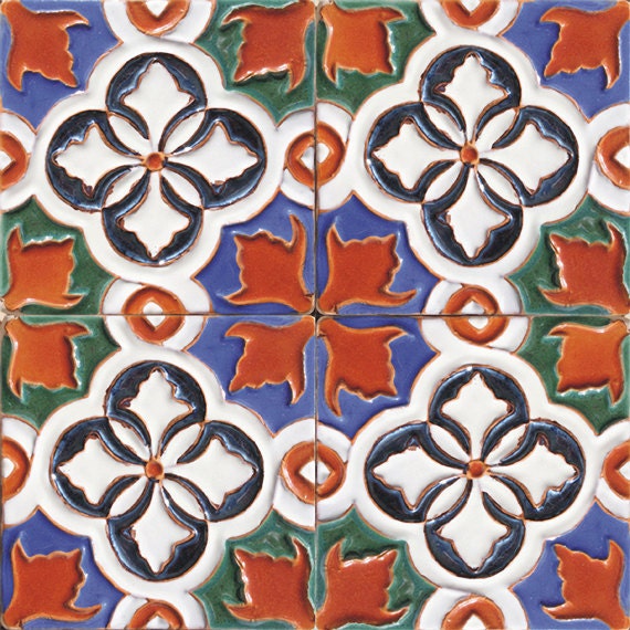 Vintage Portuguese Ceramic Tile Print 8 x 8 Digital Reproduction Floral Orange Blue White