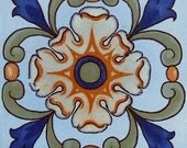 Vintage Portuguese Ceramic Tile Print 8 x 8 Digital Reproduction Floral Orange Blue White