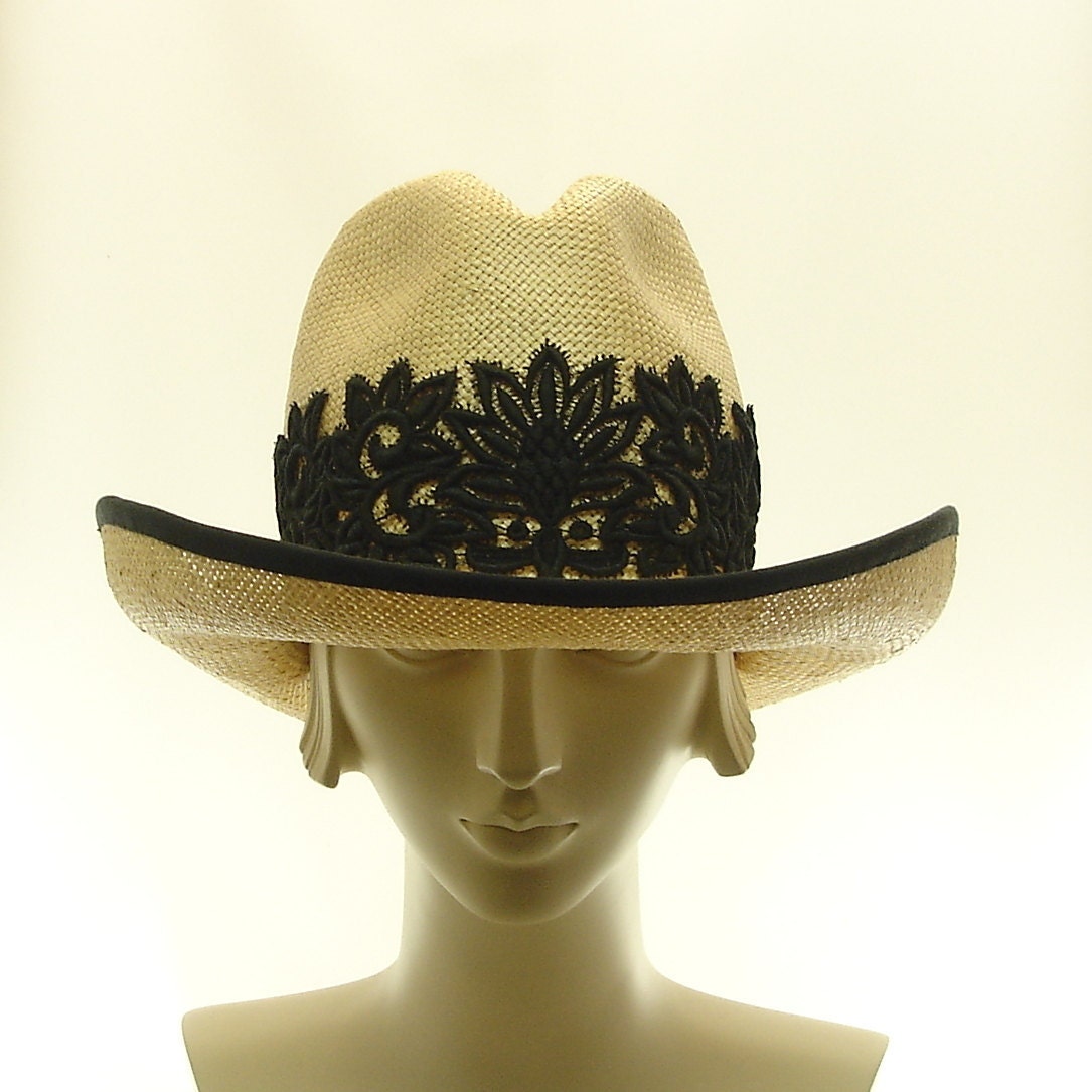 Fedora Hat for Women - Natural Straw Hat - Handmade Cowboy Hat - Black Lace