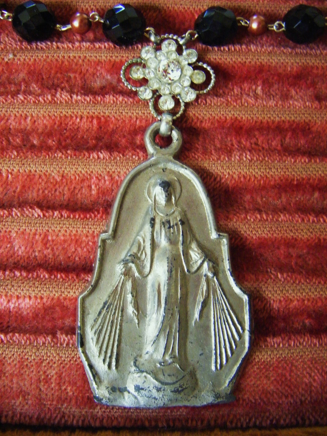 Religious Madonna necklace black glass beads vintage rhinestone large medal ooak vintage assemblage