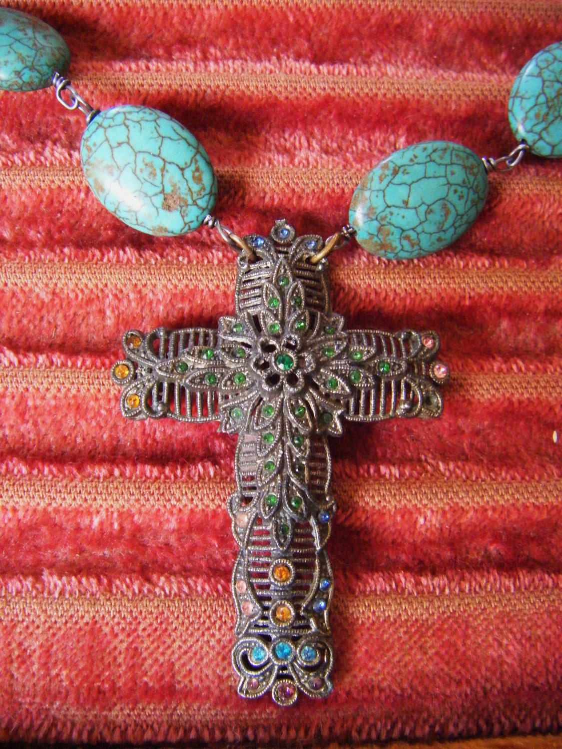 Antique rhinestone religious cross necklace paste turquoise filigree wire wrapped antique one of a kind assemlage