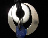 urban artifact necklace - mirrored steel washer, frosted cobalt blue Lake Michigan beach glass, shiny washer