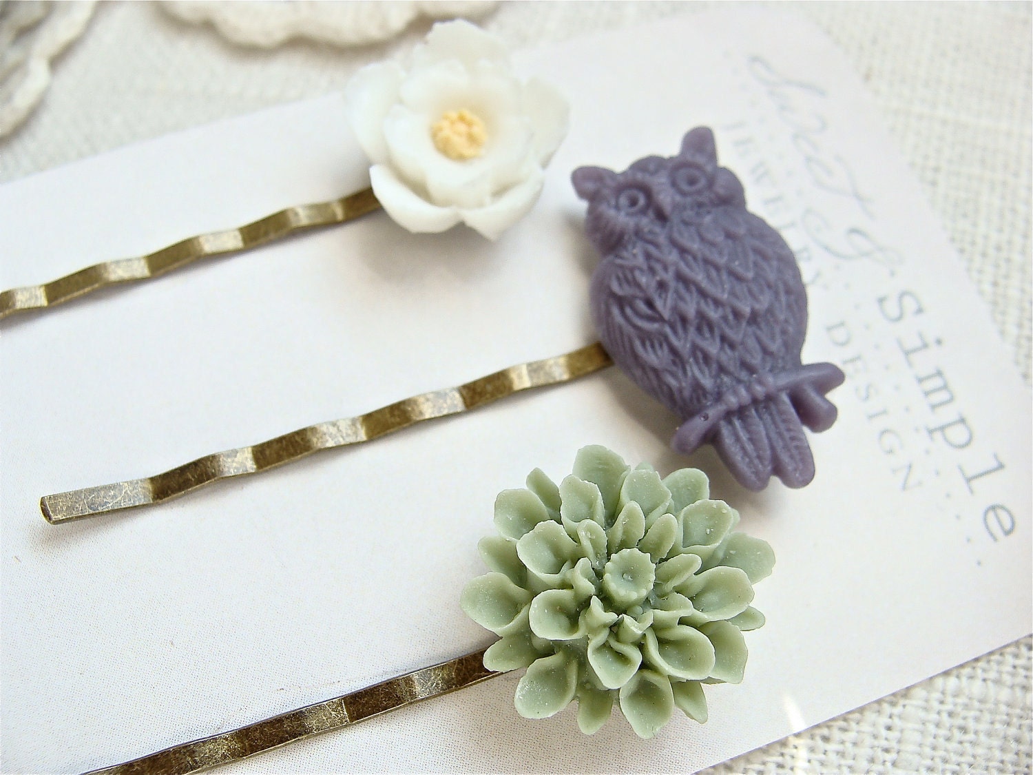 Antique Brass Bobby Pin set.  Hair accessories for Spring.  Flowers And Owl Hair Pins.