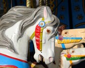 merry go round horses white horse close up carnival fair summertime childhood photograph 8 x 10