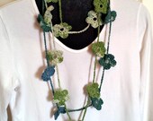 Lime Cream Blue Floral Mobius Skinny Crochet Scarf