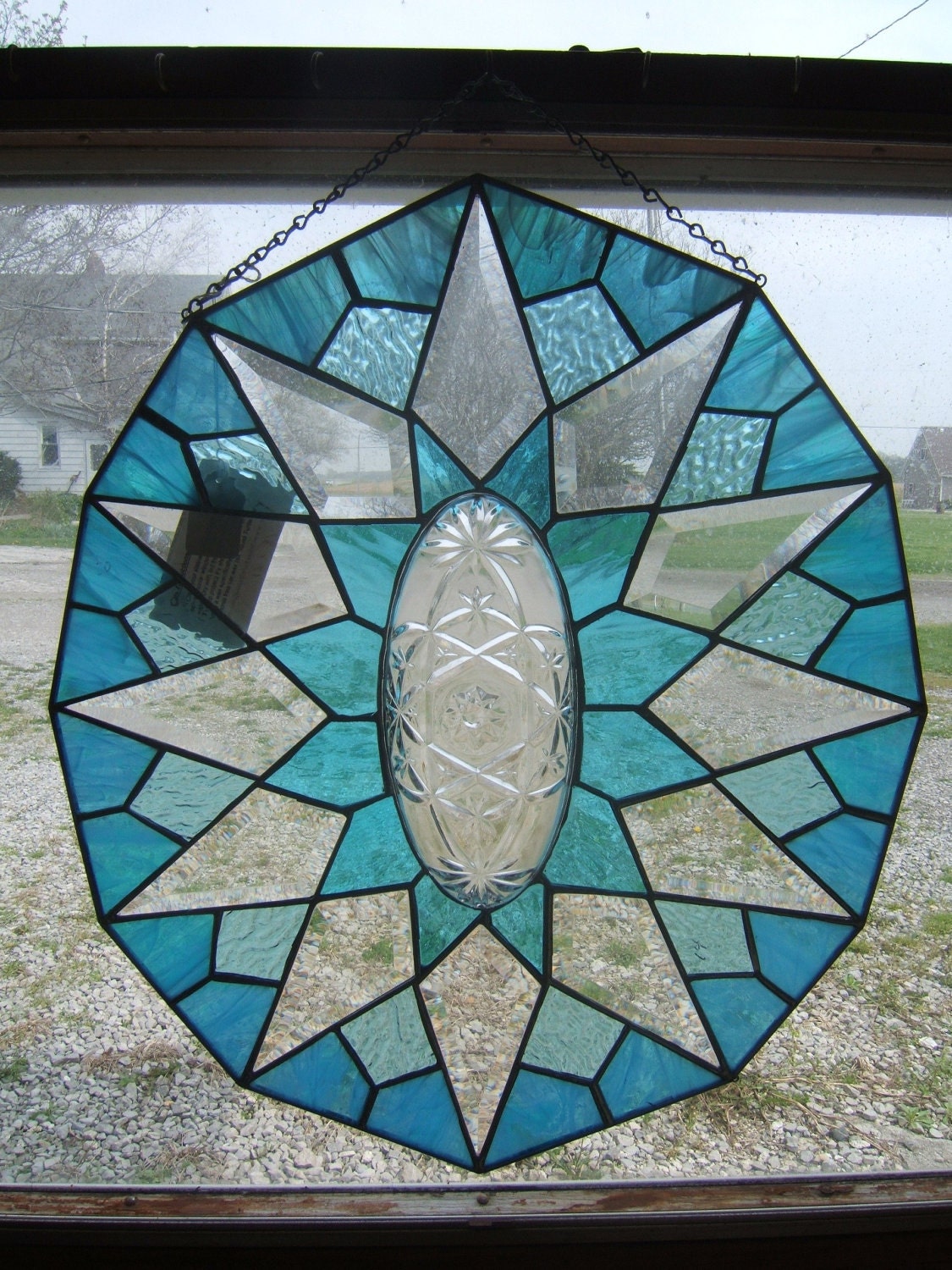 Dodecagon Stained Glass in Teal with Oval Glass Bowl