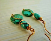 Turquoise gemstone earrings unique wirewrap bronze, artisan, handmade earrings ladies, dangles wirewrapped metal and stone