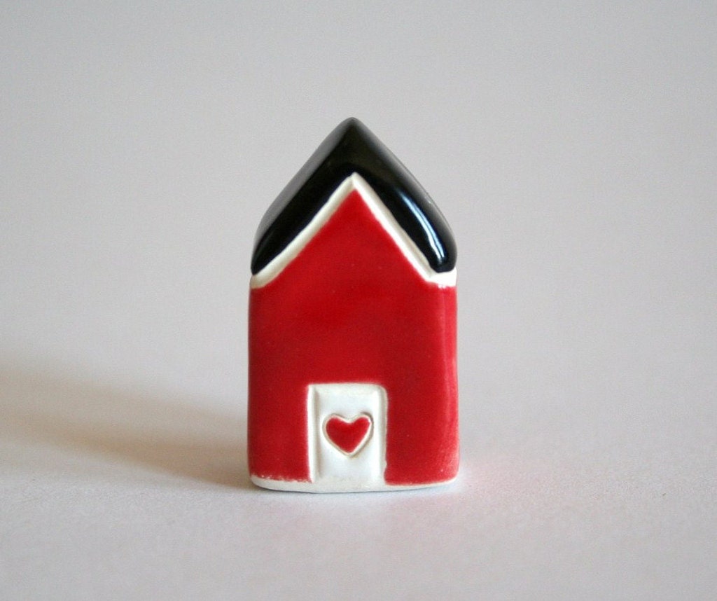 Little Clay House - Black Red white - Miniature Ceramic Cottage