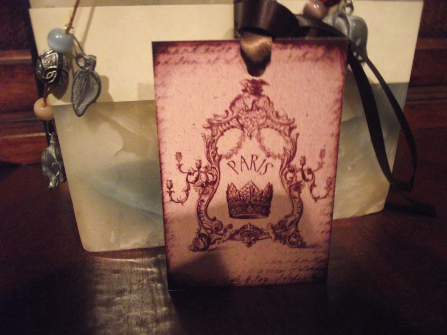 Patis Gift Card  With Distress Edges French Writing  Paris Word  French  Design Brown  Ribbon