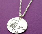 Sleepy Owl Necklace in Sterling Silver - MEDIUM Charm - Hand Stamped Charm Necklace by Eclectic Wendy Designs
