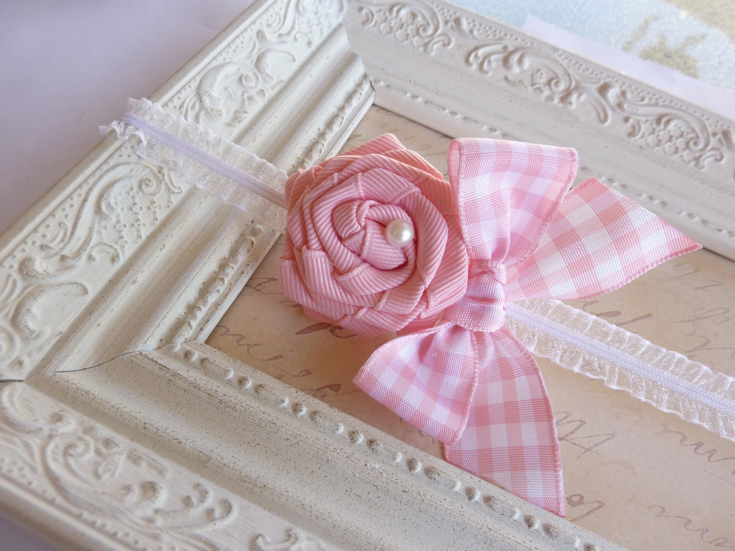 Pink Ribbon Rosette with Gingham Bow and Pearl Accent on Double Ruffle Headband Infants, Babies or Adults