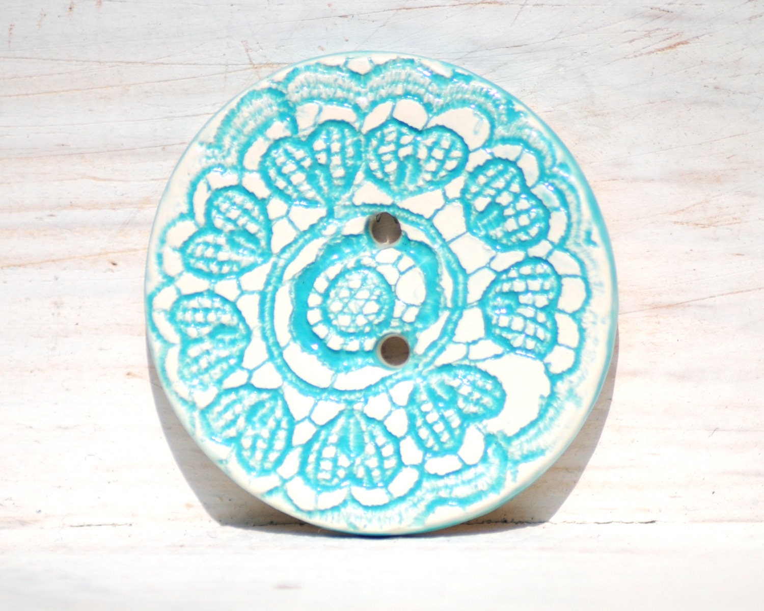 Bright Turquoise Button vintage lace texture aqua blue handmade ceramic button white blue - CariadClay