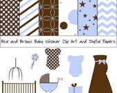 Boy Baby Shower Clip Art and Digital Paper Set, Clipart, Printable, Scrapbooking, Invitations, Cards