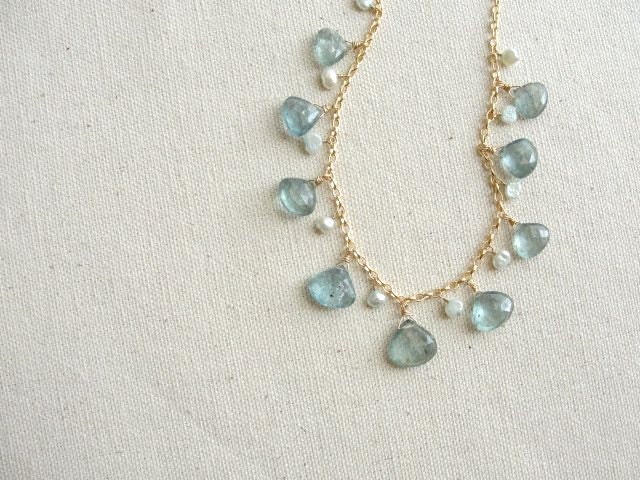 Moss Aquamarine Necklace:  Mint Green Pearls Gold Chain Gemstones - March Birthstone Formal Party