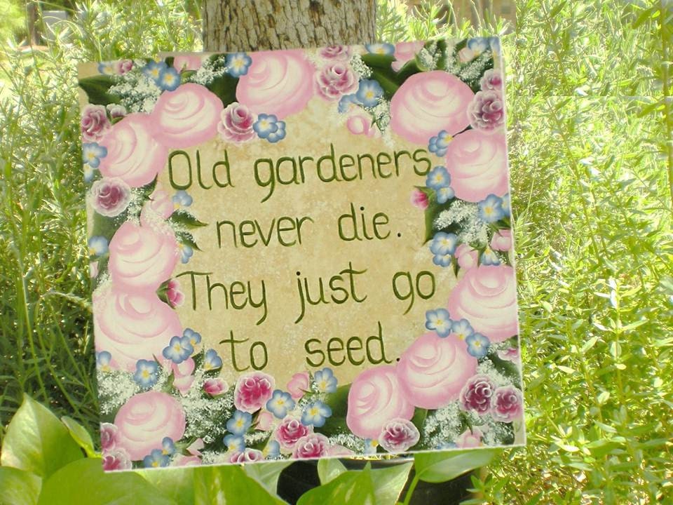 Tile Hand Painted with Quotation - Old Gardeners Never Die, Just Go To Seed - Pink Roses, Blue Flowers, Babys Breath - Gardening Sign