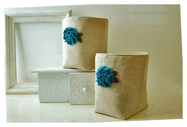 Blue Green Flower linen Oatmeal Box weddings decor bin basket Storage Set 2  Wedding Party Gift Wrap  Fabric Organizer tagt team