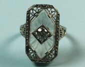 Art Deco Diamond Ring Camphor Glass 14K White Gold Signed PSCO